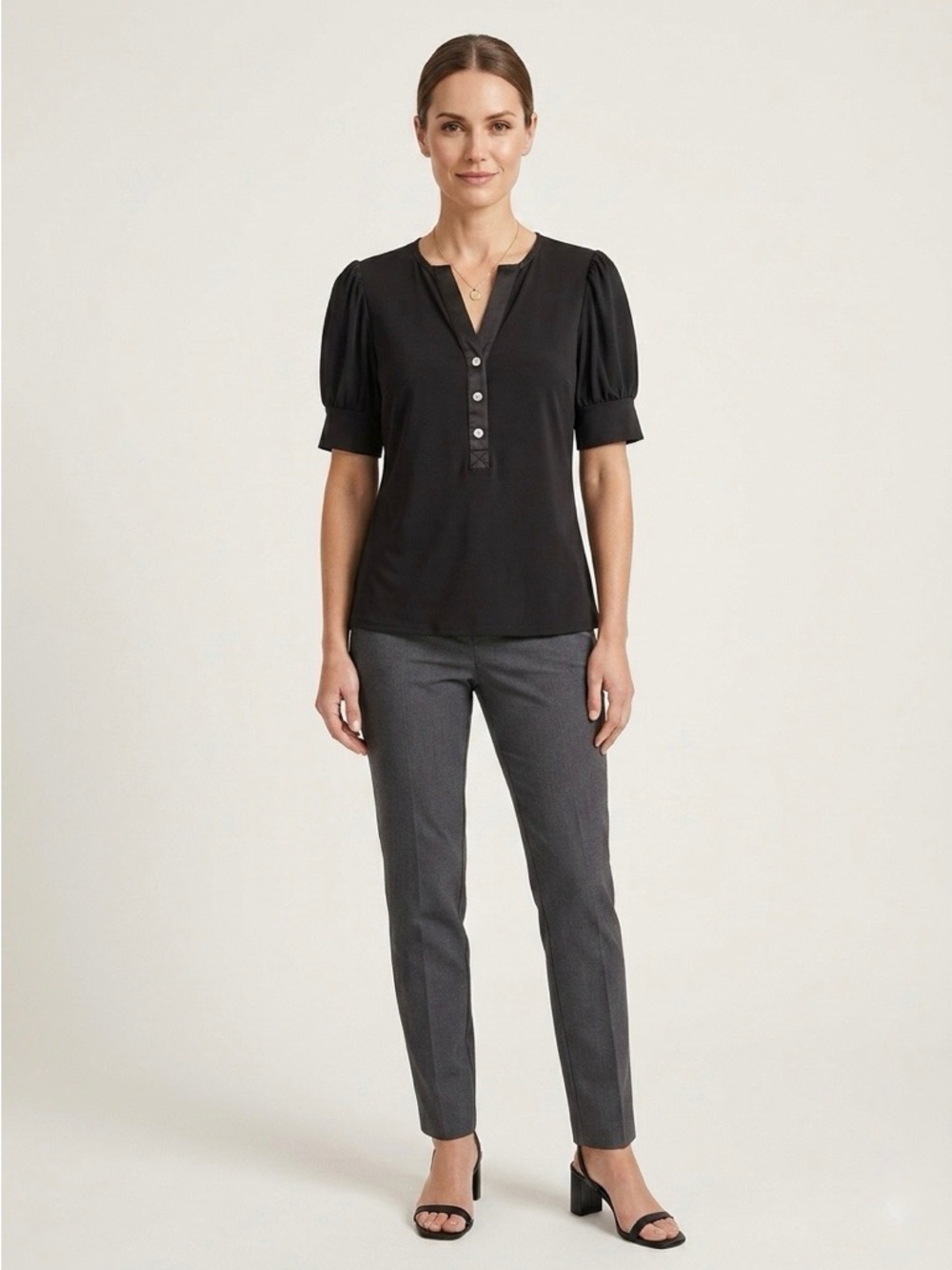 Carmen Black Puff Sleeve Henley Top